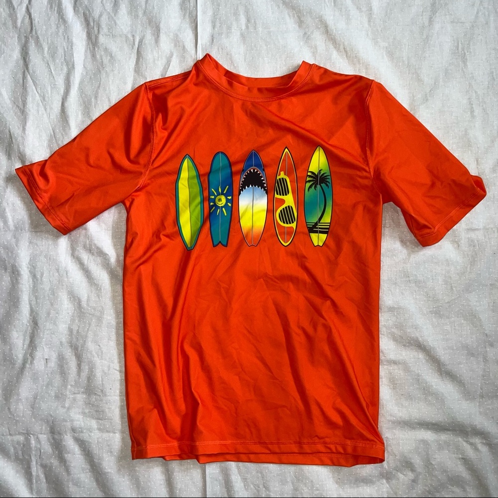 Wonder Nation boys orange with surfboards rash guard. Size XXL (18).